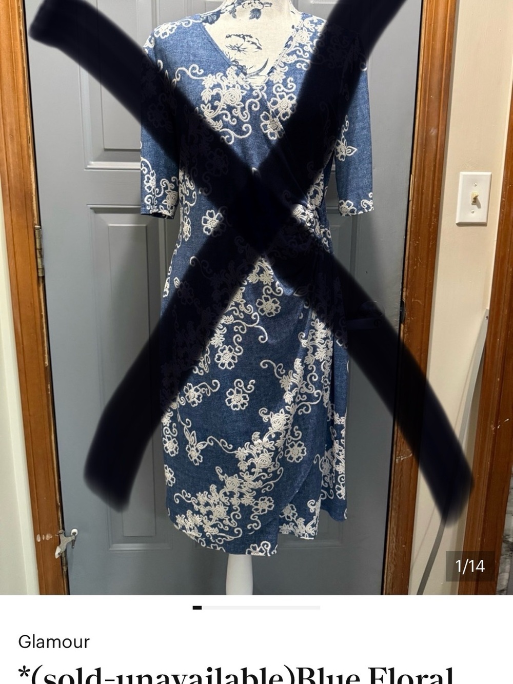 *(sold-unavailable)Blue Floral Wrap-Style Midi Dress (16)